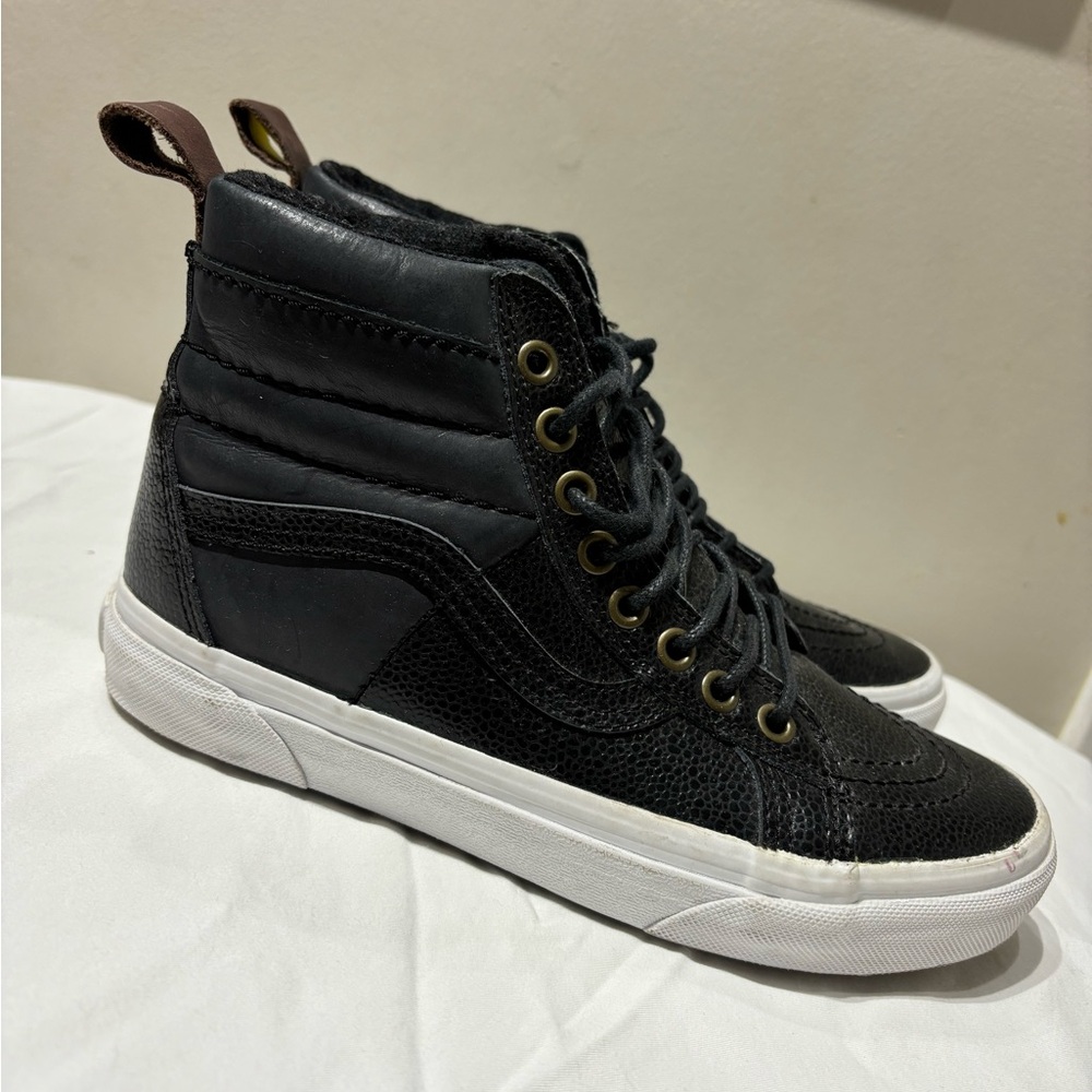 Vans Black leather and White Sole High-Top Sneakers